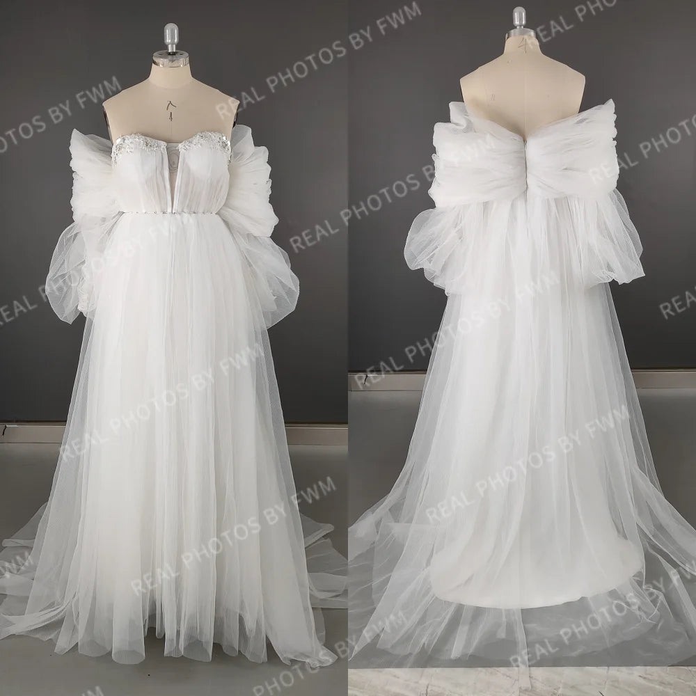 Real Photos Puffy Sleeves Sweetheart Backless A-Line Beading Lace Wedding Dress Sweep Train Tulle Bridal Gown for Wedding