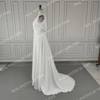 Real Photos Chiffon A-Line Sleeveless Lace V Neck Bohemian Wedding Dress Open Back Rustic Bridal Gown for Women