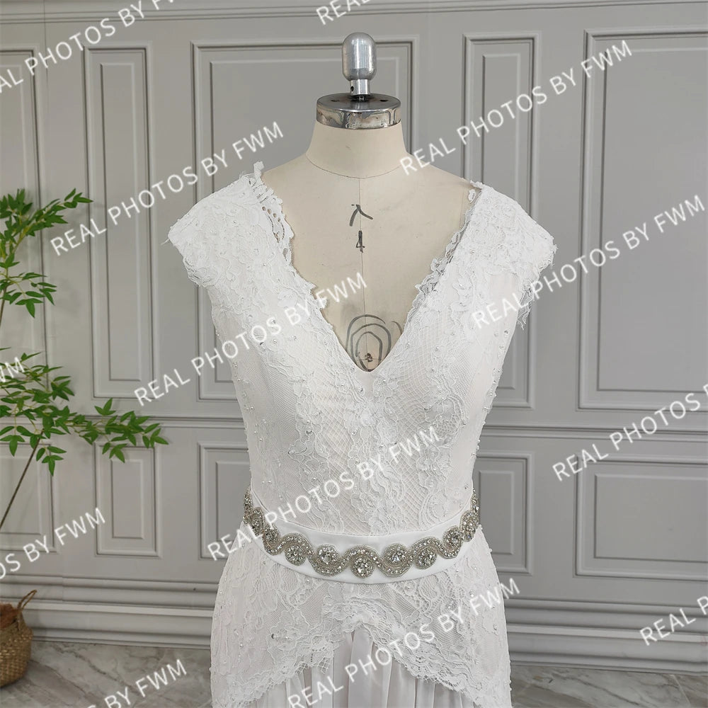 Real Photos High Quality Cap Sleeves V-Neck Chiffon Wedding Dress Elegant Appliques Lace Bridal Gown With Crystal Belt