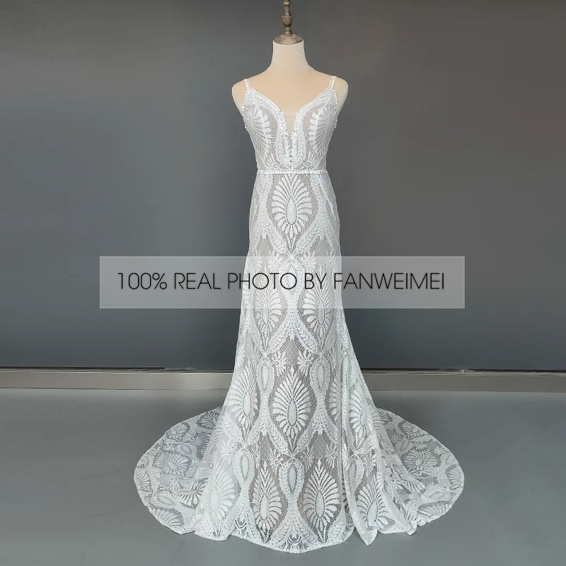 10864#Real Photos Spaghetti Straps Sleeveless V-Neck Open Back Sweep Train Lace Bohemian Boho Wedding Dress Wedding Bridal Gown