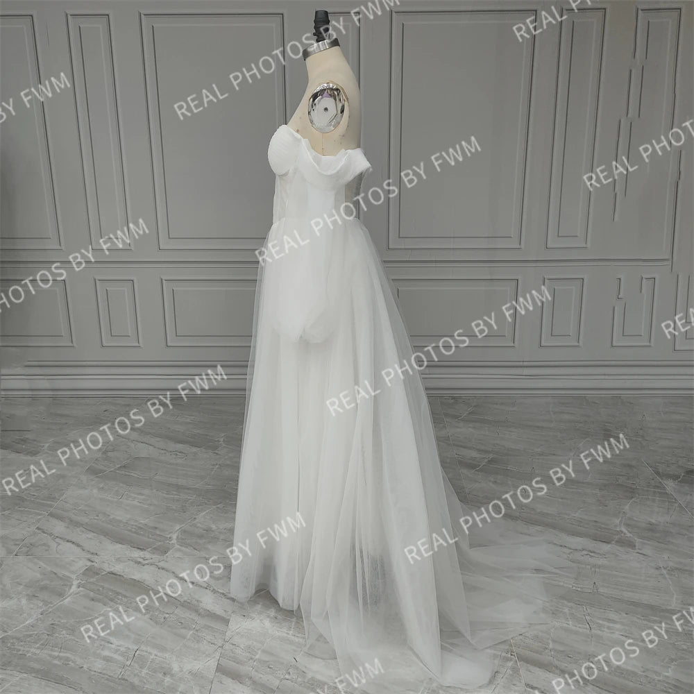11894# Real Photos Puffy Sleeves Sweetheart Illusion Back High Side Slit A-line Tulle Women's  Wedding Dress Bridal Gown