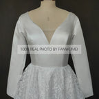 Real Photos Elegant Full Sleeves V-Neck A-line Satin Wedding Dress Appliques Lace Sweep Train Backless Bride Gown for Women