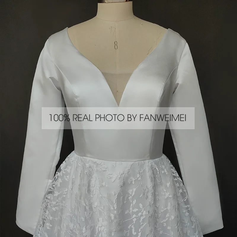 Real Photos Elegant Full Sleeves V-Neck A-line Satin Wedding Dress Appliques Lace Sweep Train Backless Bride Gown for Women