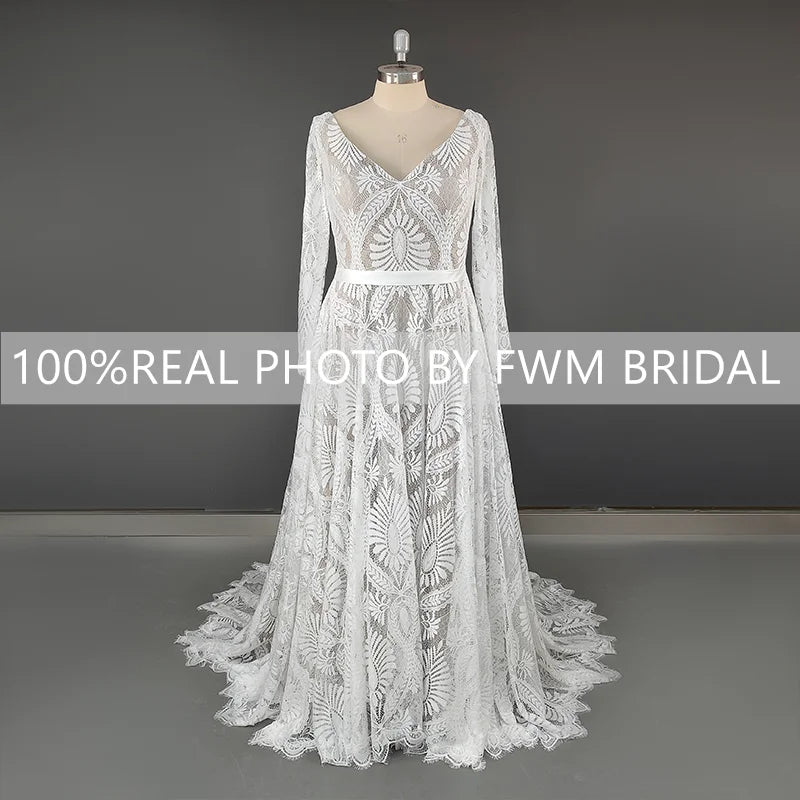 15148# Real Photos Long Sleeves Appliques Lace Wedding Dress Bohemia Spring V-neck Sweep Train Bridal Gown for Engagement