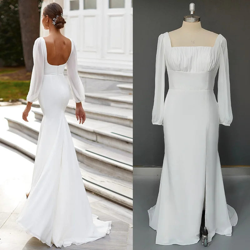 10183#Real Photos Long Sleeves Square Neck Open Back Sheath Chiffon Side Slit Sweep Train Wedding Dress Wedding Bridal Gown