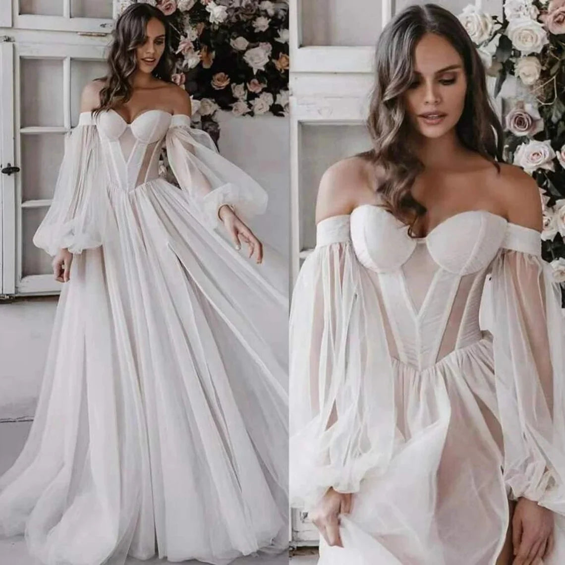 11894# Real Photos Puffy Sleeves Sweetheart Illusion Back High Side Slit A-line Tulle Women's  Wedding Dress Bridal Gown