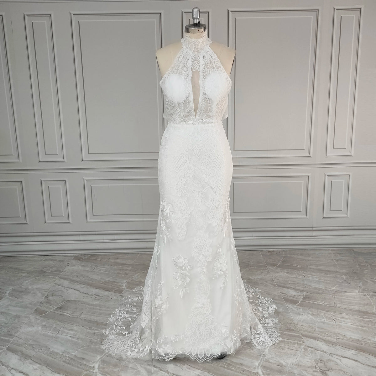 Real Phtos High Quality Beach Halter Backless Mermaid Lace Wedding Dress for Women Bridal Gown With Sweep Train  3279