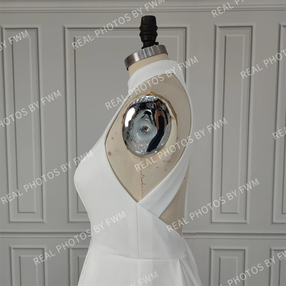 Real Photos Simple Halter Neck Backless A-line Wedding Dress Elegant High Low Satin Bride Gown for Women