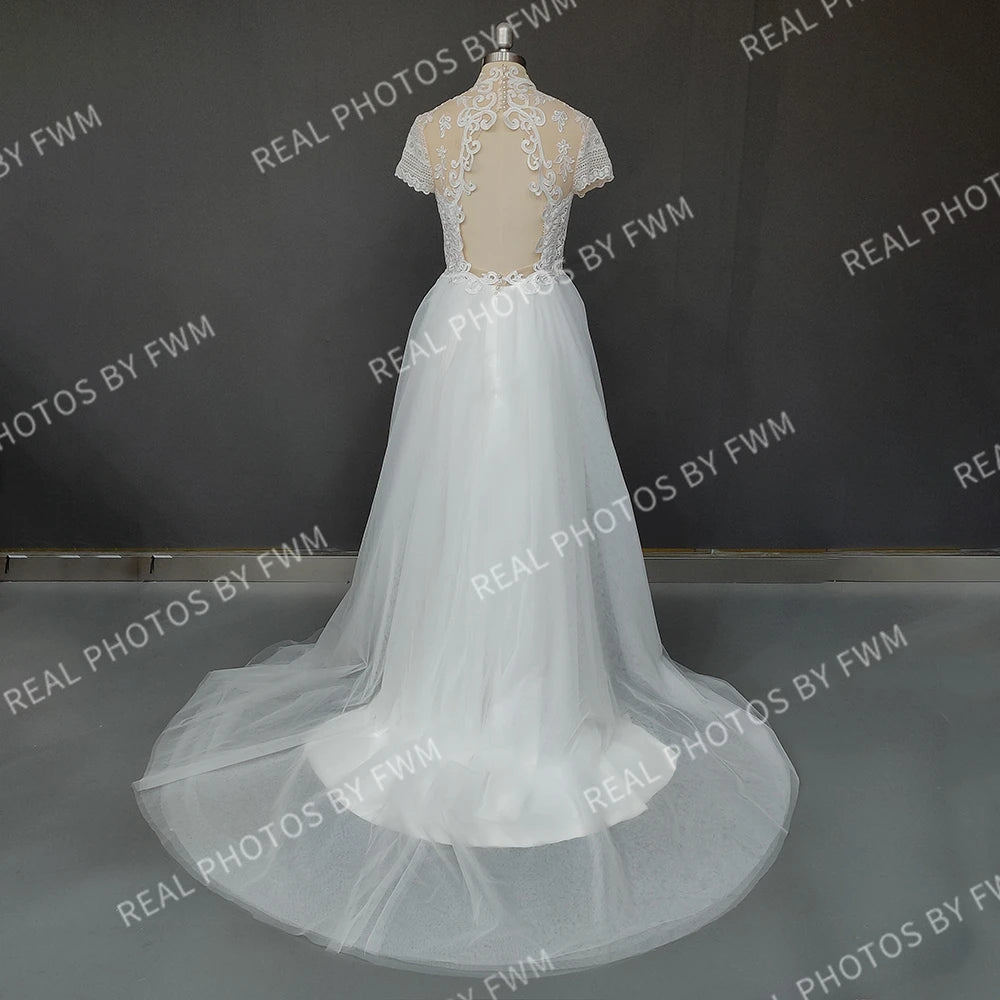 9696# Real Photos Boho Short Sleeves Backless A-line Tulle Wedding Dress Sweep Train Appliques Lace Bride Gown for Women