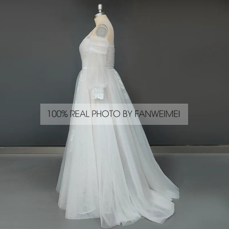 Real Photos Puffy Sleeve O-Neck Sweep Train Applique Lace A-Line Wedding Dress Woman Tulle Bridal Gown for Wedding Dress