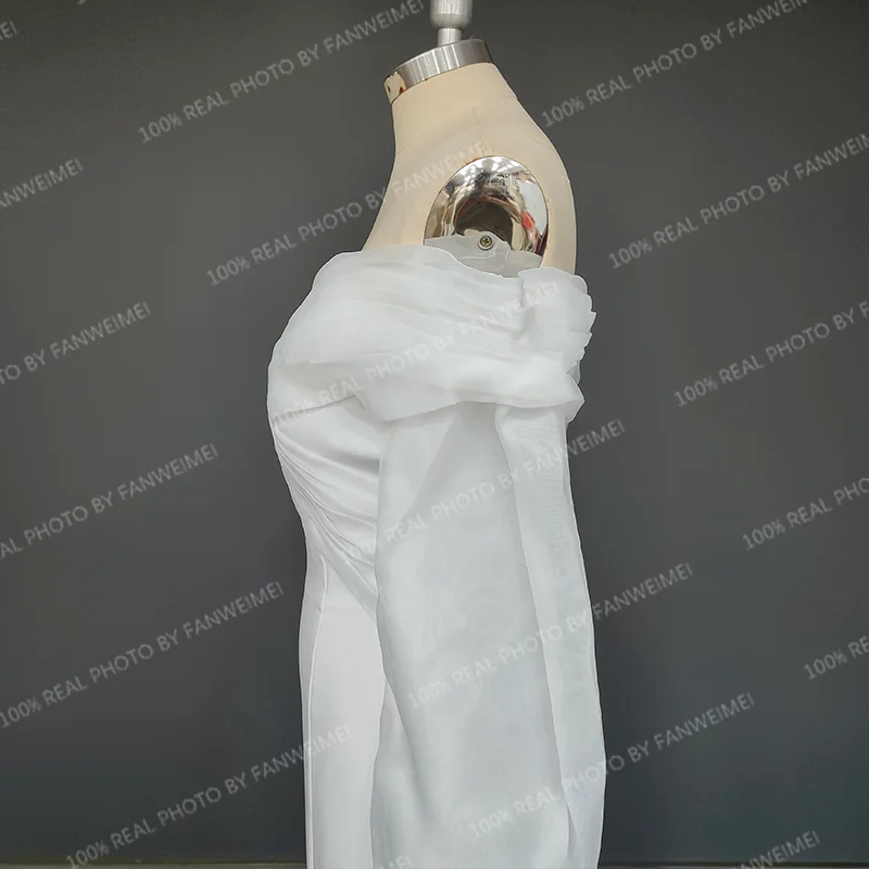 Real Photos Off Shoulder Lantern Sleeves Sheath Soft Satin Ruched Sweep Train Wedding Dress Low Back Bridal Gown for Women