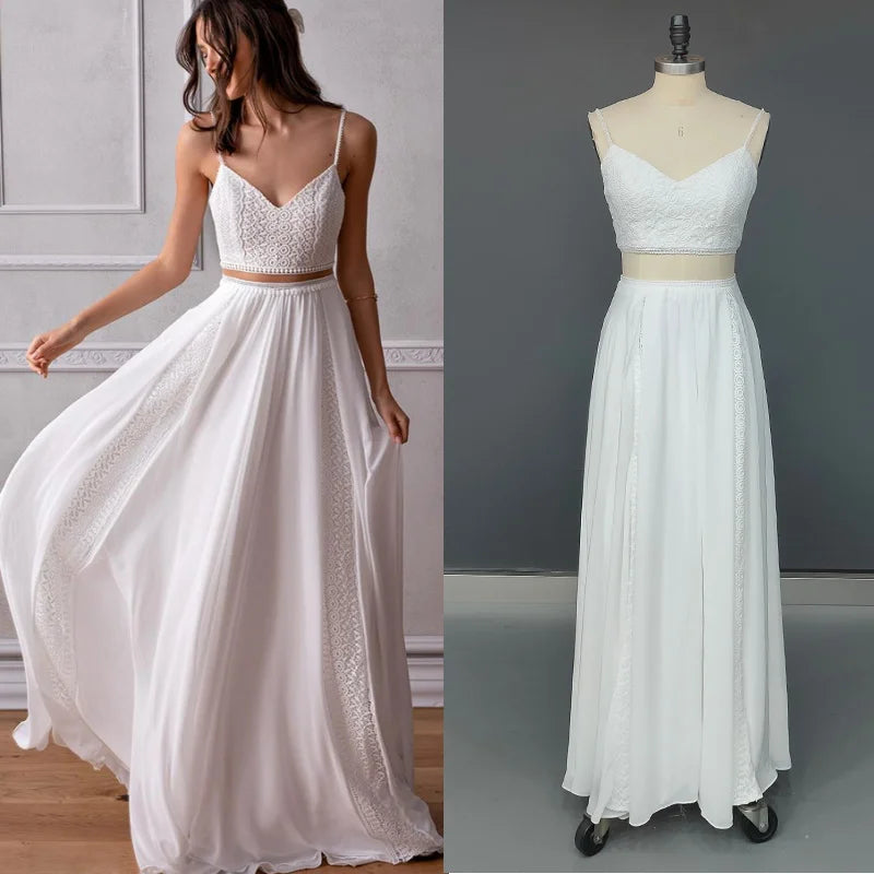 10436#Real Photos Spaghetti Straps Sleeveless Sexy V-Neck Open Back Chiffon Floor Length Wedding Dress Wedding Bridal Gown