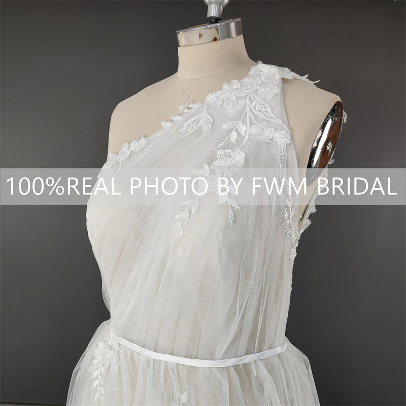 11809# One Shoulder Sleeveless Tulle Lace Applique Sexy Back A-Line Bohemian Sweep Train Wedding Dress Bridal Gown Real Photos