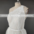 11809# One Shoulder Sleeveless Tulle Lace Applique Sexy Back A-Line Bohemian Sweep Train Wedding Dress Bridal Gown Real Photos