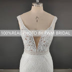 12590# Real Photos V Neck Backless Mermaid Wedding Dress Sleeveless Boho Romatics Lace Bridal Gown for Beach Lawn Wedding