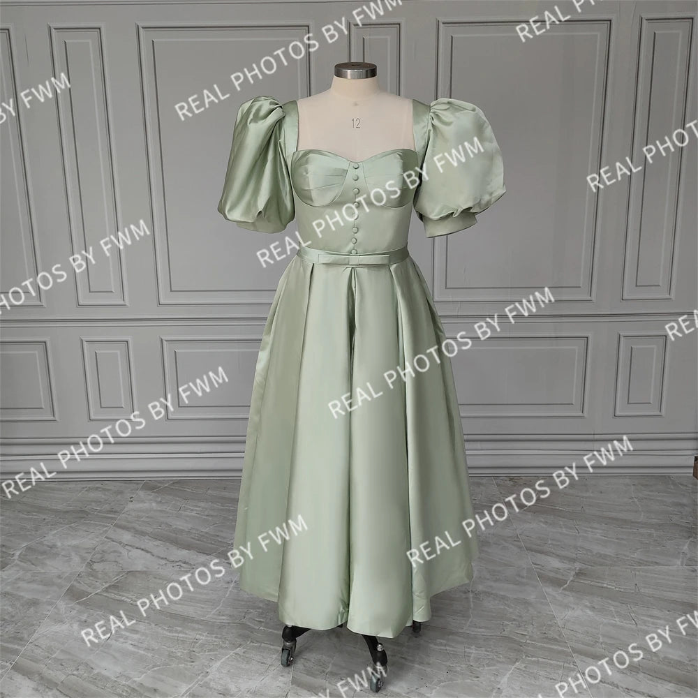 15178# Real Photos Puffy Sleeves Slit A-line Satin Wedding Party Dress Evening Prom Gown for Women  Evening Dress Formal Dress