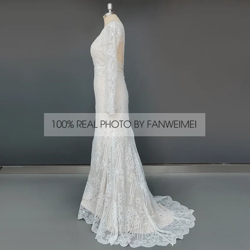 Real Photos Boho V-Neck Long Sleeve Mermaid Appliques Lace Wedding Dress Woman Backless Sweep Train Bridal Gown for Wedding