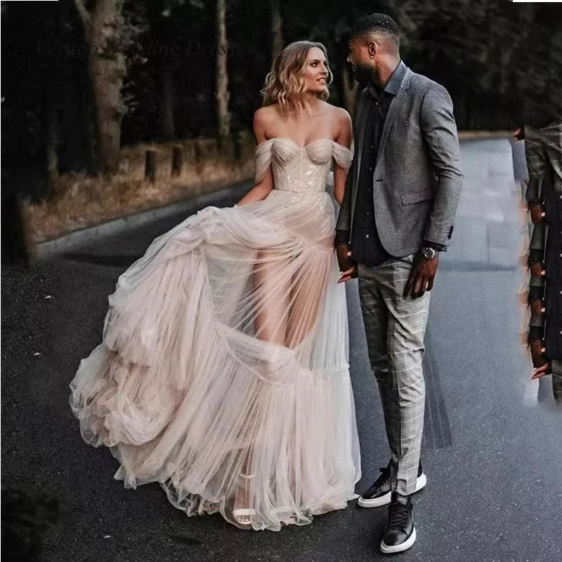 11395#Real Photos Off-Shoulder Sweetheart Open Corset Back A-Line Tulle Floor Length Lace Wedding Dress Wedding Bridal Gown