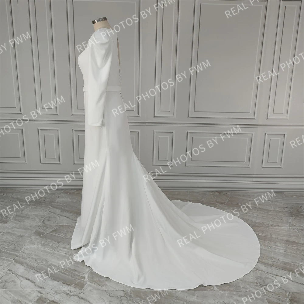 Real Photos High Quality Full Sleeves Square Collar Mermaid Satin Wedding Dress With Belt Sweep Train Bride Gown for Women