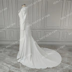 Real Photos High Quality Full Sleeves Square Collar Mermaid Satin Wedding Dress With Belt Sweep Train Bride Gown for Women