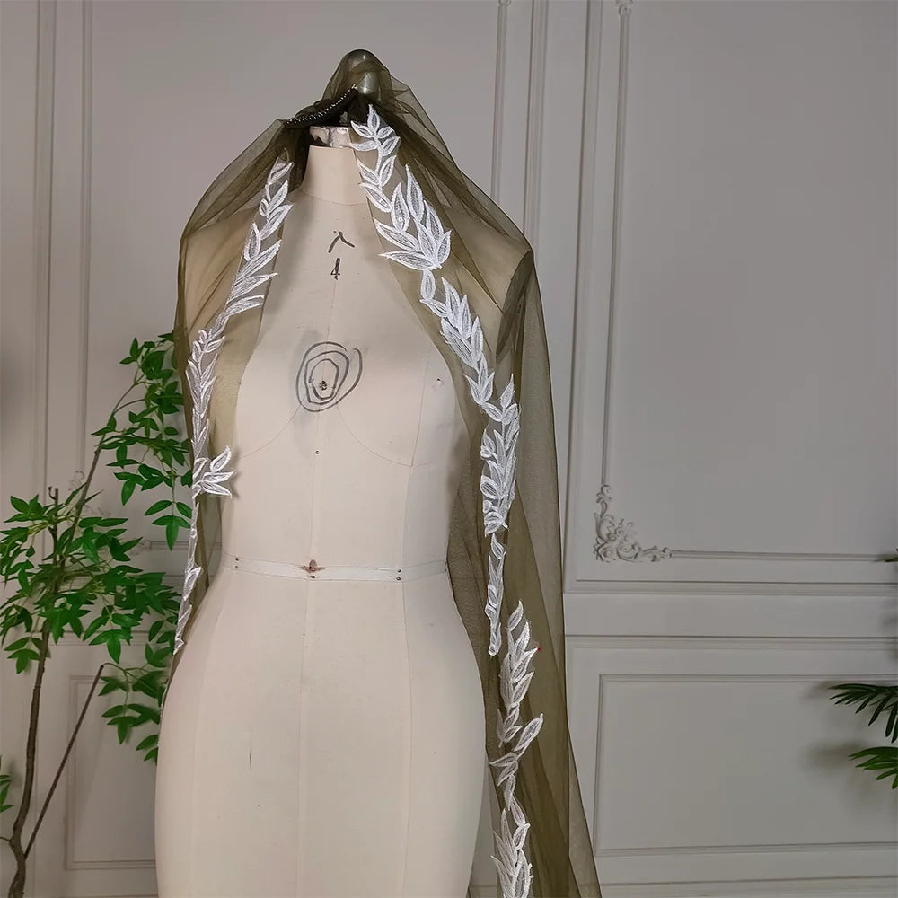 Real Photos Dark Green Embroidered Wedding Veil with Hand-stitched Lace Trim Suitable for Women to Wear at an Outdoor Wedding
