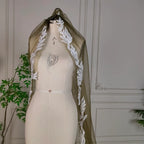 Real Photos Dark Green Embroidered Wedding Veil with Hand-stitched Lace Trim Suitable for Women to Wear at an Outdoor Wedding