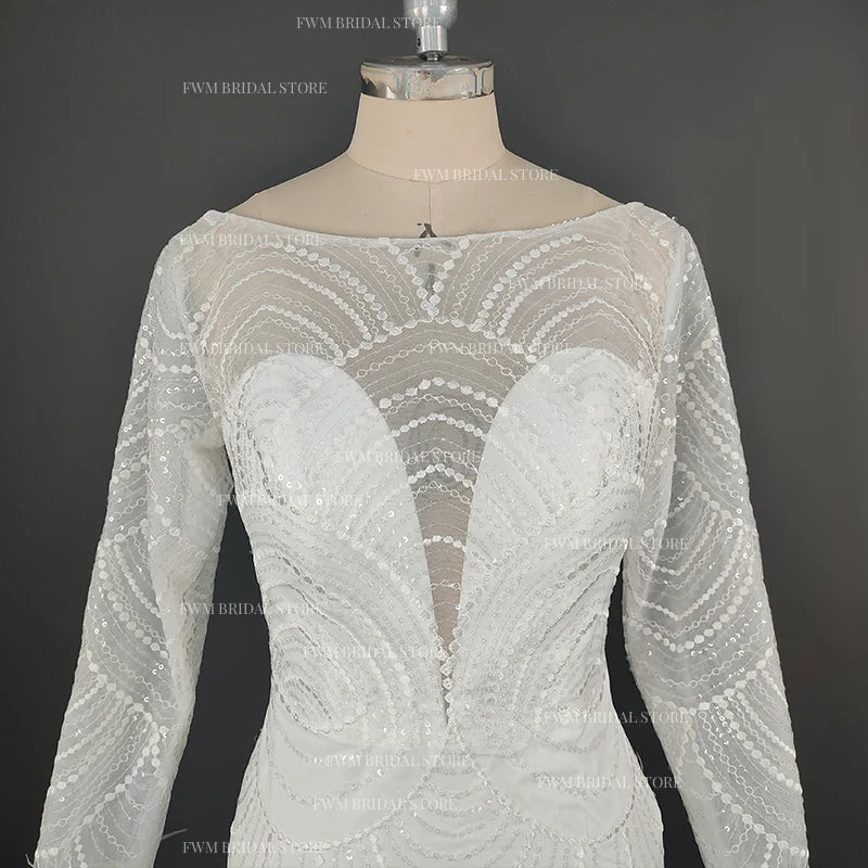 8990#Real Photos Exquisite Illusion Lace Backless Boat-neck Short Wedding Evening Dress Elegant Feather Long Sleeve Bridal Gown