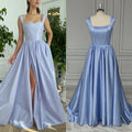 14579# Real Photos Square Collar High Side Slit A-line Corset Satin Evening Dress Women Formal Prom Gown for Party