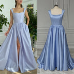 14579# Real Photos Square Collar High Side Slit A-line Corset Satin Evening Dress Women Formal Prom Gown for Party