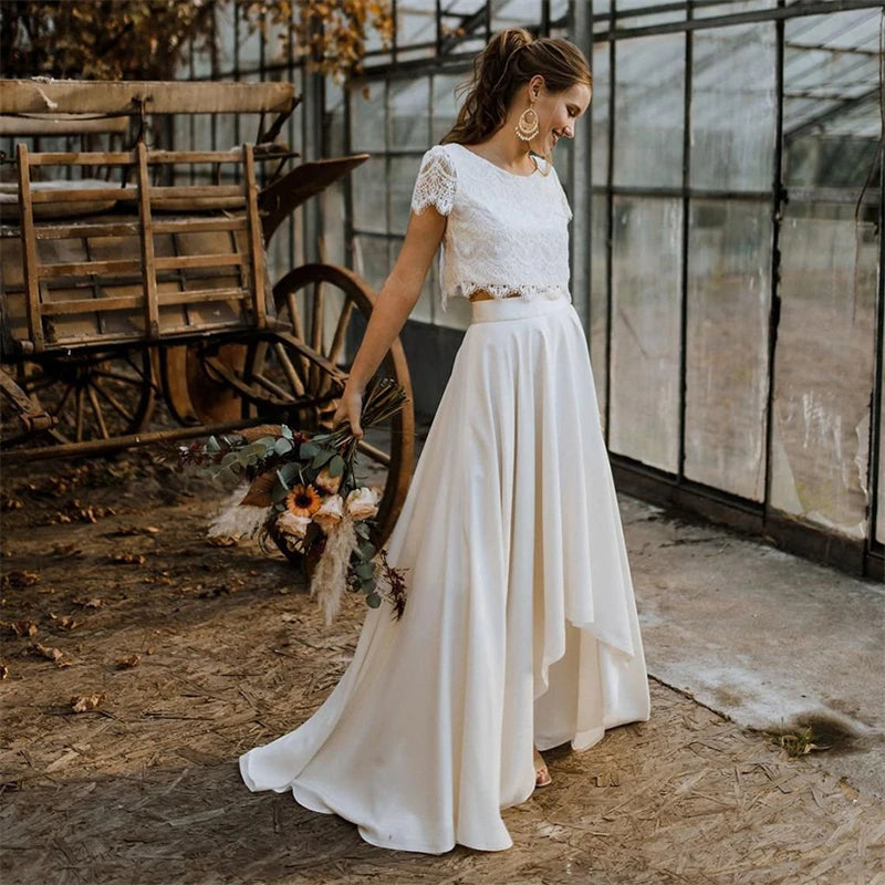 9399# Real Photos Two Pieces Wedding Dresses Lace Top Short Sleeve Bridal Gown Jewel Neck Beach Wedding Gown Vestidos De Novia