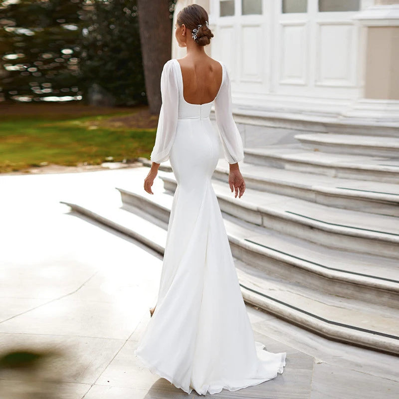 10183#Real Photos Long Sleeves Square Neck Open Back Sheath Chiffon Side Slit Sweep Train Wedding Dress Wedding Bridal Gown