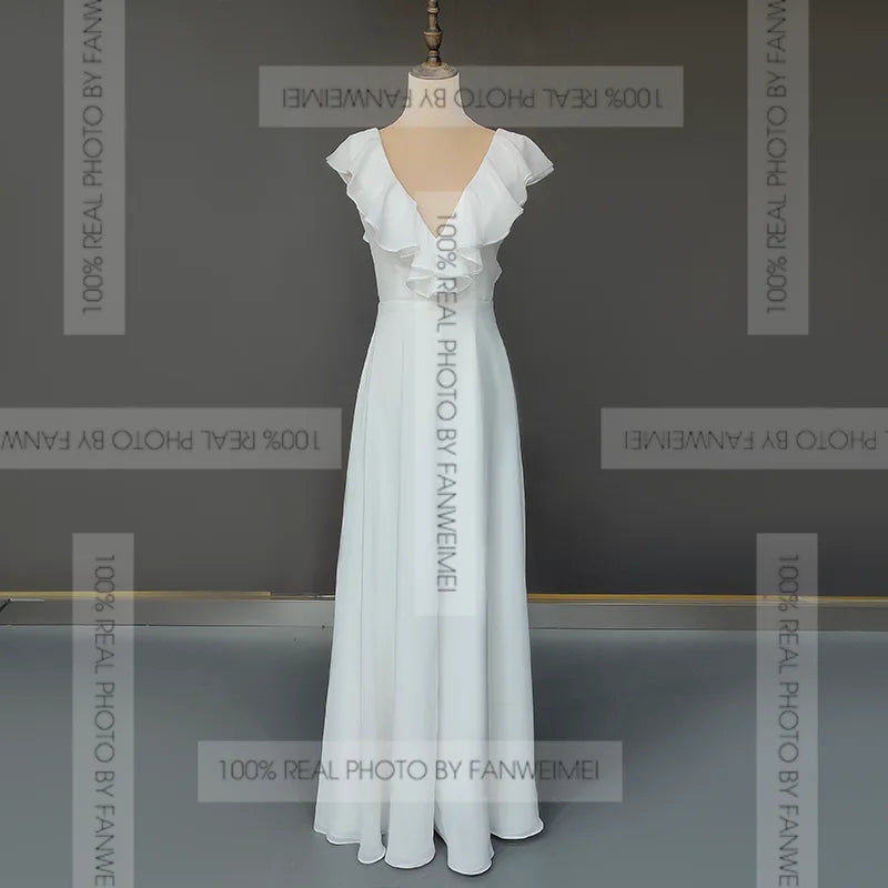 10370#Real Photos Sleeveless Ruffle V Neck Chiffon Beach Open Back Floor Length Simple Elegant Wedding Dress Wedding Bridal Gown