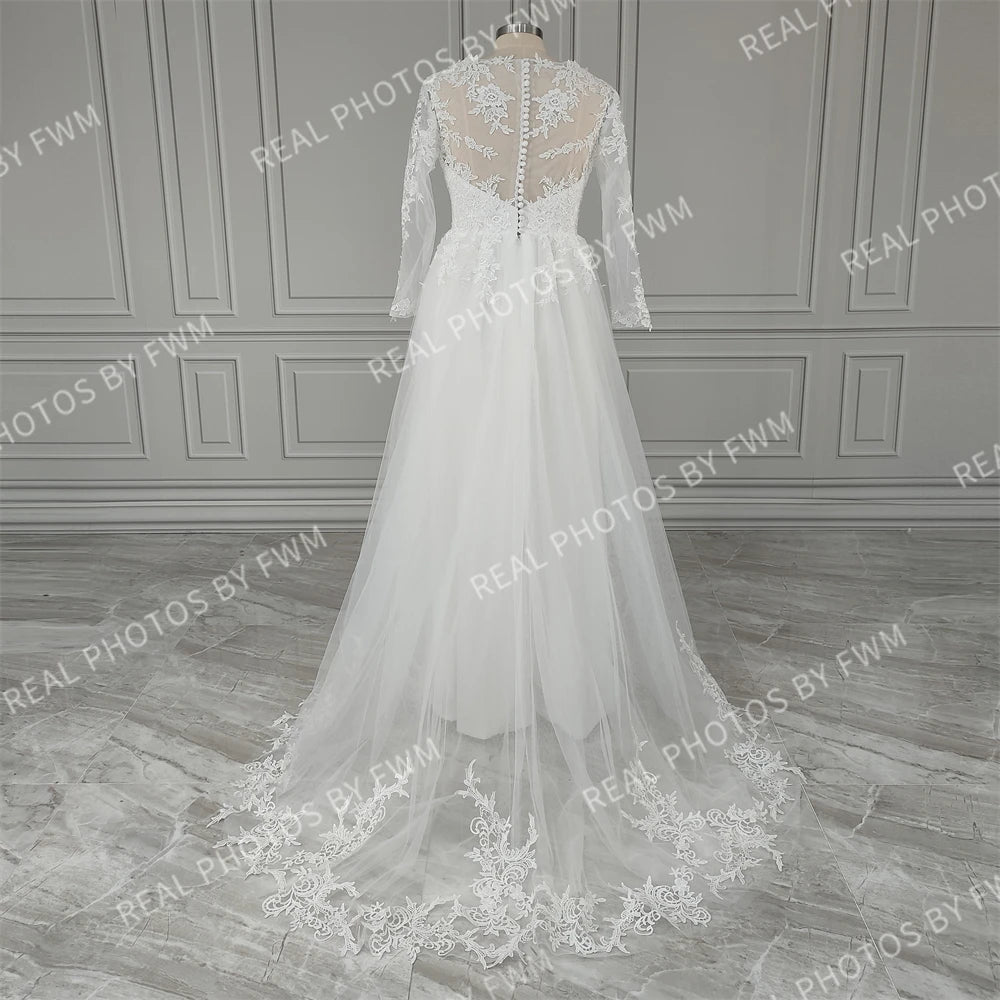 100% Real Photos Boho Boat Neck Long Sleeves Appliques Lace A-line Sweep Train Wedding Dress Illusion Back Bride Gown for Women