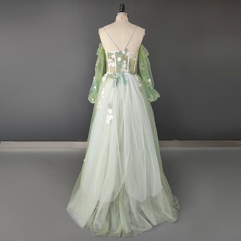 14257# Real Photos Custom Spaghetti Straps Flowers Lace A-line Prom Dress Formal Evening Dress Wedding Gown Bridal Dress