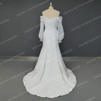 Real Photos Off Shoulder Lantern Sleeves Sheath Soft Satin Ruched Sweep Train Wedding Dress Low Back Bridal Gown for Women