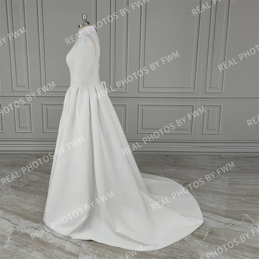 Real Photos Classic Short Sleeves High Neck Satin A-line Wedding Dress Sweep Train Bride Gown for Women Vestido De Novia