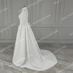 Real Photos Classic Short Sleeves High Neck Satin A-line Wedding Dress Sweep Train Bride Gown for Women Vestido De Novia
