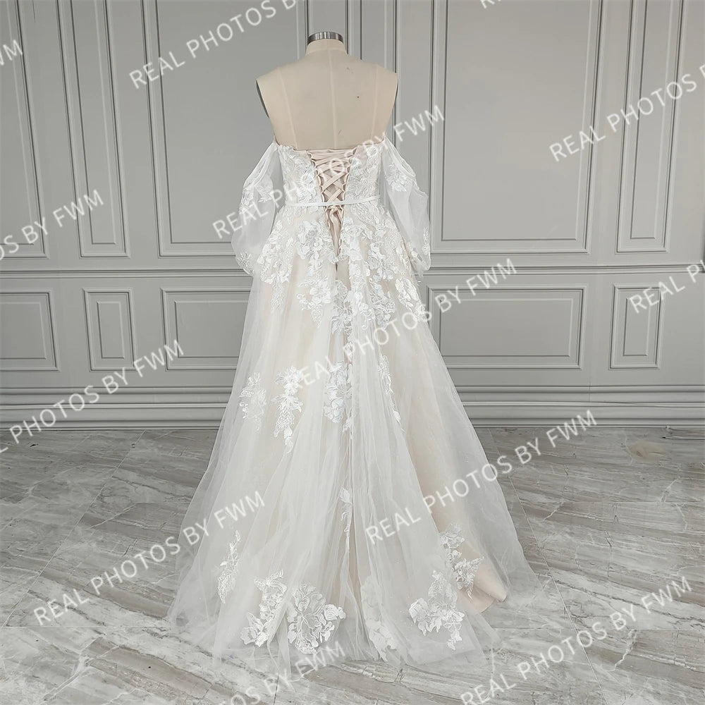 Real Photos Dream Off Shoulder Appliques Sequined Lace A-line Wedding Dress Glittery Tulle Sweep Train Bride Gown for Women