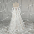 Real Photos Dream Off Shoulder Appliques Sequined Lace A-line Wedding Dress Glittery Tulle Sweep Train Bride Gown for Women