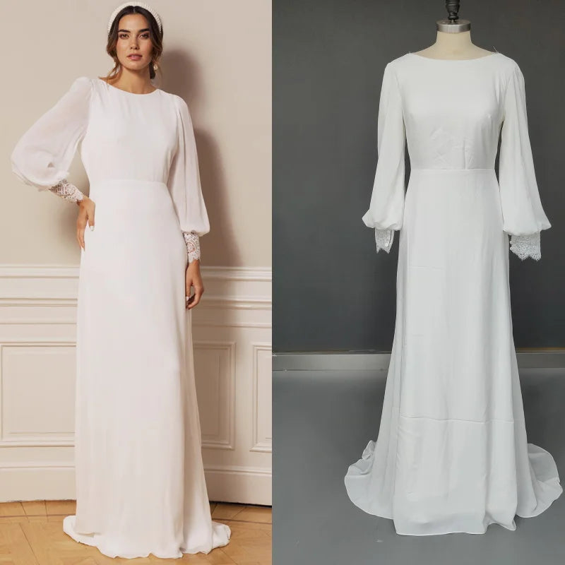 8468#Real Photos Simple Long Sleeves Chiffon Ruched Open Back Sweep Train Wedding Dress Wedding Bridal Gown