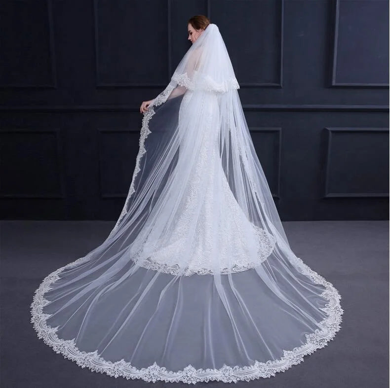 Two Layers Tulle Elegant Pretty Wholesale White Long Wedding Top Veil With Comb