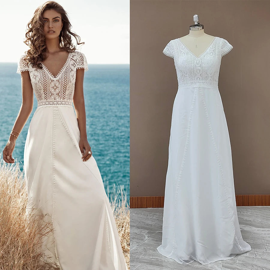 9699# Real Photos Boho Lace Chiffon Wedding Dresses V Neck Backless Beach Bride Gown for Women Cap Sleeve Sweep Train Bohemian