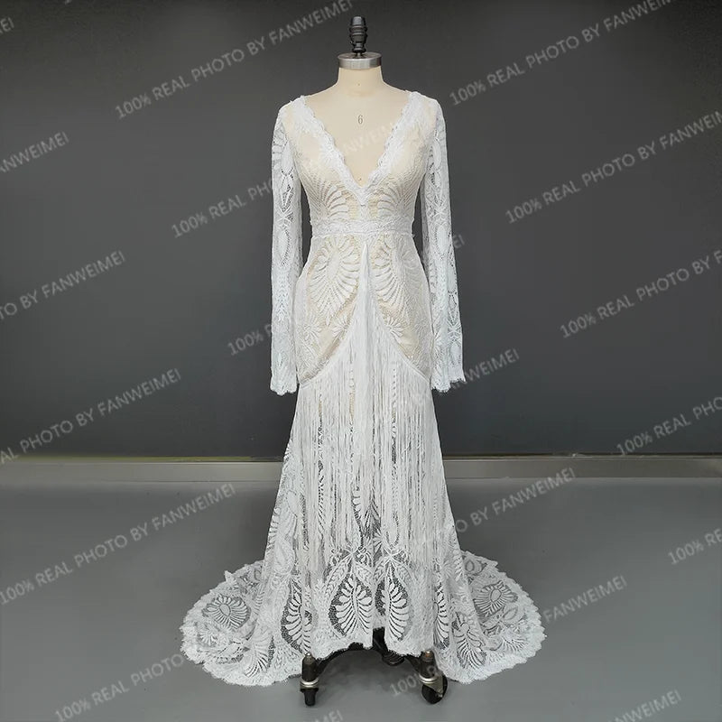 15320# Real Photos Bohemia Appliques Lace Mermaid Sweep Train Wedding Dress Bridal Gown With Tassel Evening Dresses for Women