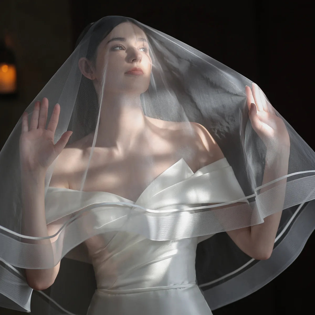 Hot Sell Latest Two Layers Ribbon Edge Tulle Wedding Bridal Veil for Women Lace Wedding Veil