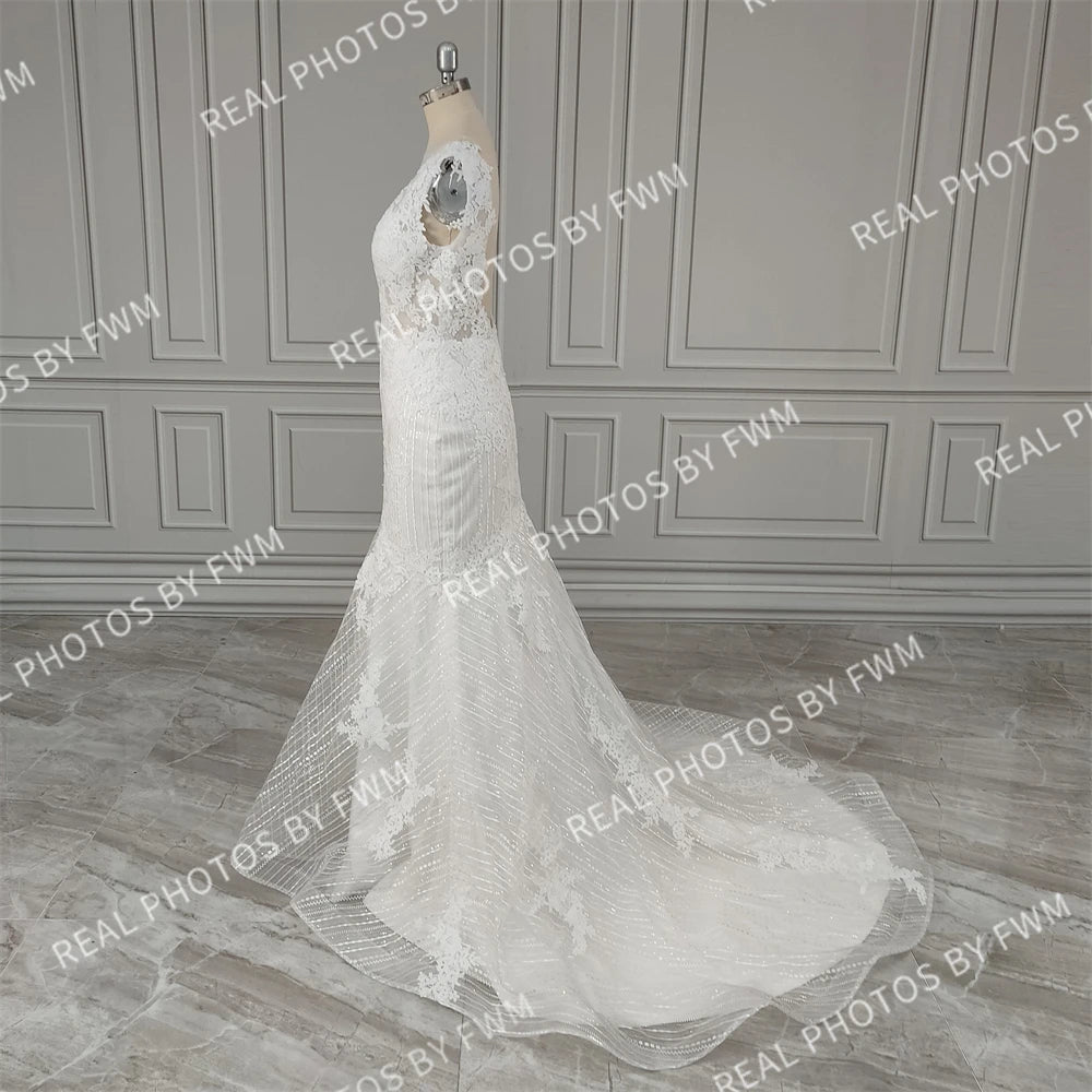 15903# Real Photos Exquisite Appliques Lace Backless Mermaid Wedding Dress Sleeveless Tulle Sweep Train Bridal Gown for Women
