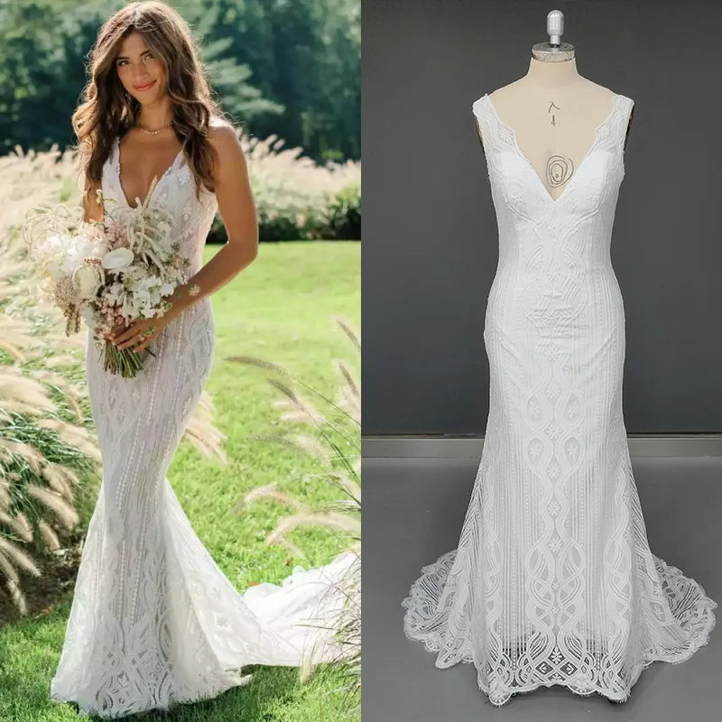 8484# Real Photos Sweep Train V-Neck Backless Mermaid Wedding Dress With Beading 2023 Spaghetti Straps Bridal Gown