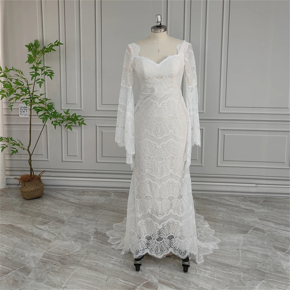 Real Photos High Quality Boho Flare Sleeves Lace Wedding Dress for Bride Woman Open Back Bridal Gown With Train  Wedding Gown