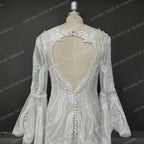Real Photos Boho Flare Bell Sleeve Appliques Lace Wedding Dress V-Neck Backless Sweep Train Woman Bridal Gown for Wedding
