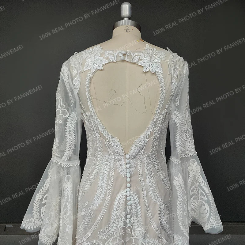 Real Photos Boho Flare Bell Sleeve Appliques Lace Wedding Dress V-Neck Backless Sweep Train Woman Bridal Gown for Wedding