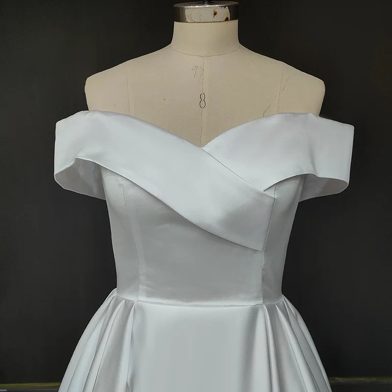 11530#Real Photos Ivory Strapless A-Line Off-Shoulder Open Back V-Neck Satin Lace Wedding Dress Wedding Gown Bridal Gown